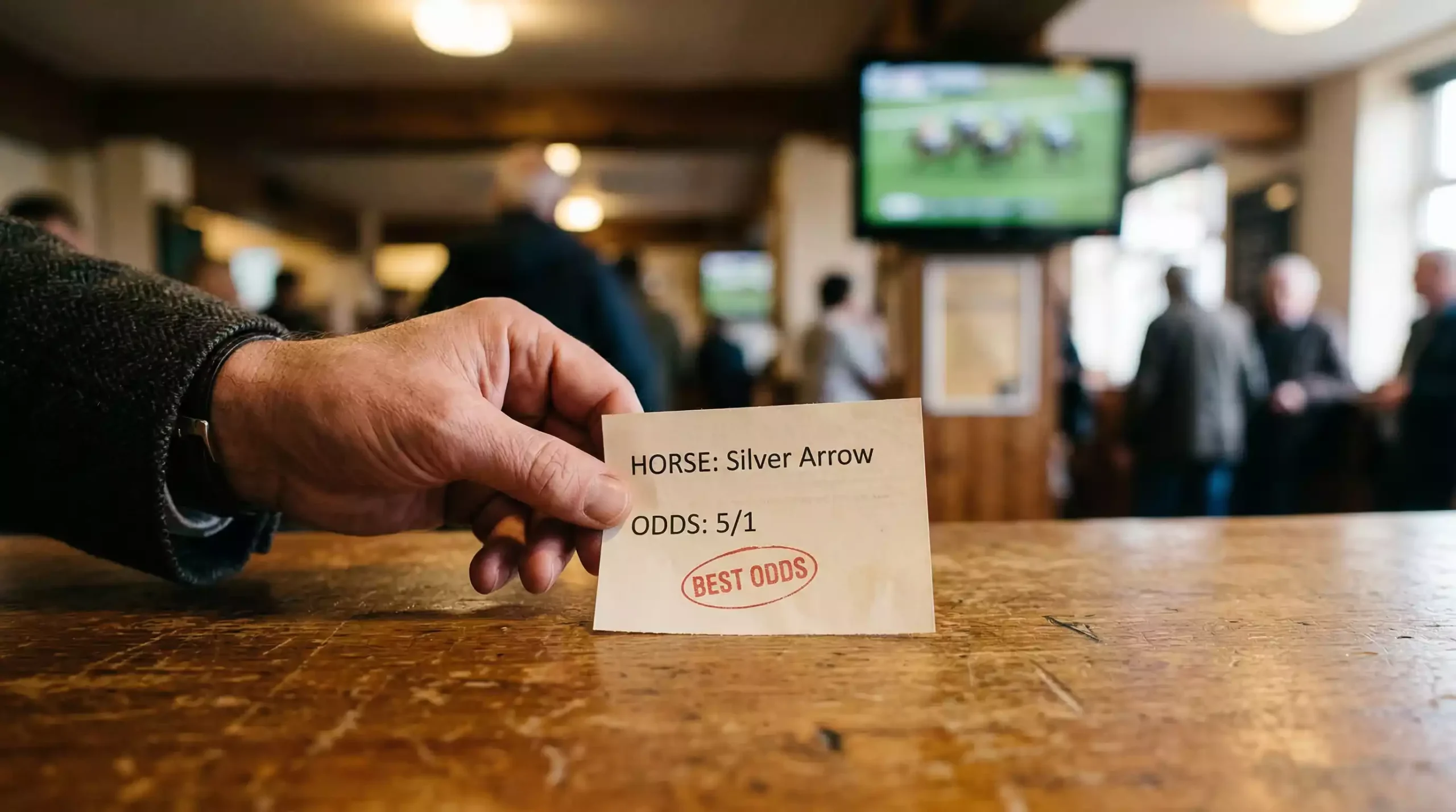 Close-up of a betting slip showing Best Odds Guaranteed alongside starting price odds
