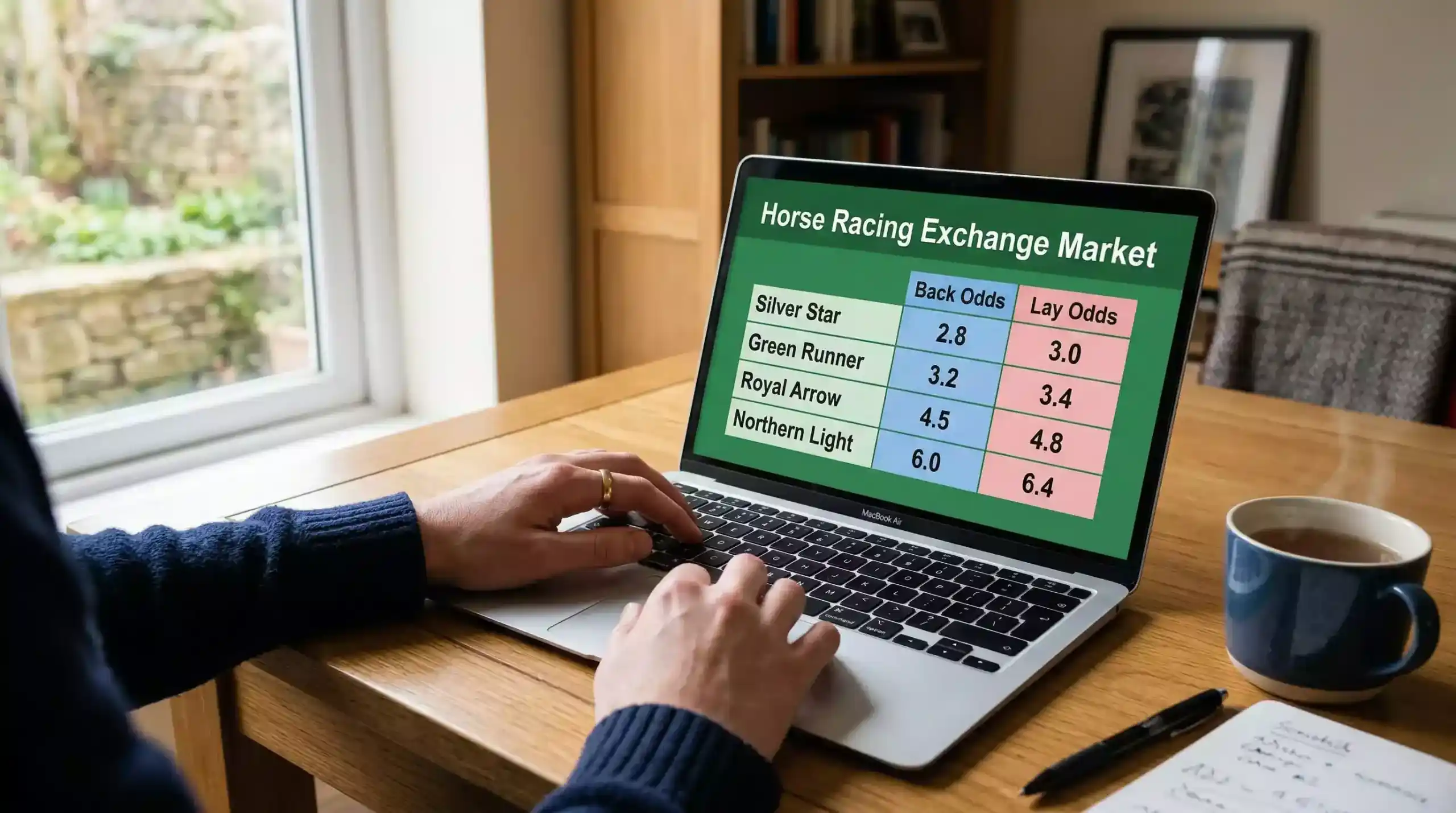 Betfair Exchange screen on a laptop at a horse racing event showing odds adjustment