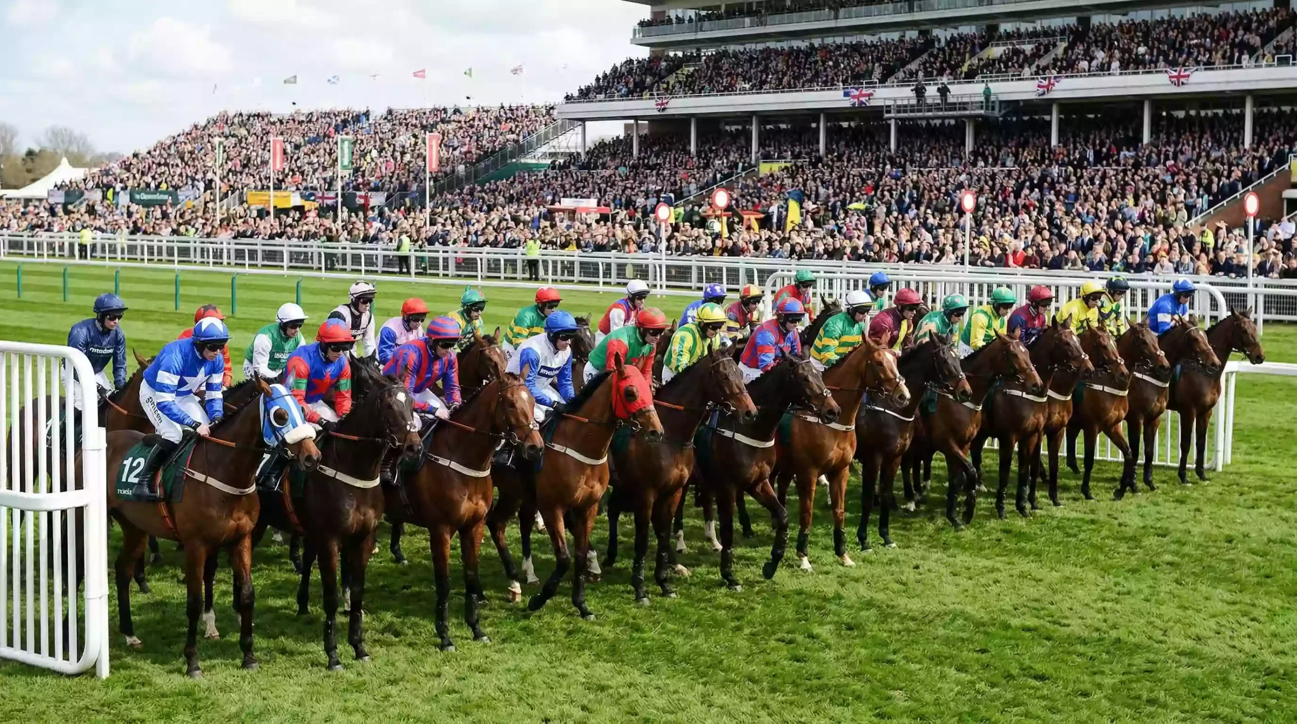 Wide view of the Grand National start at Aintree with a large field of runners