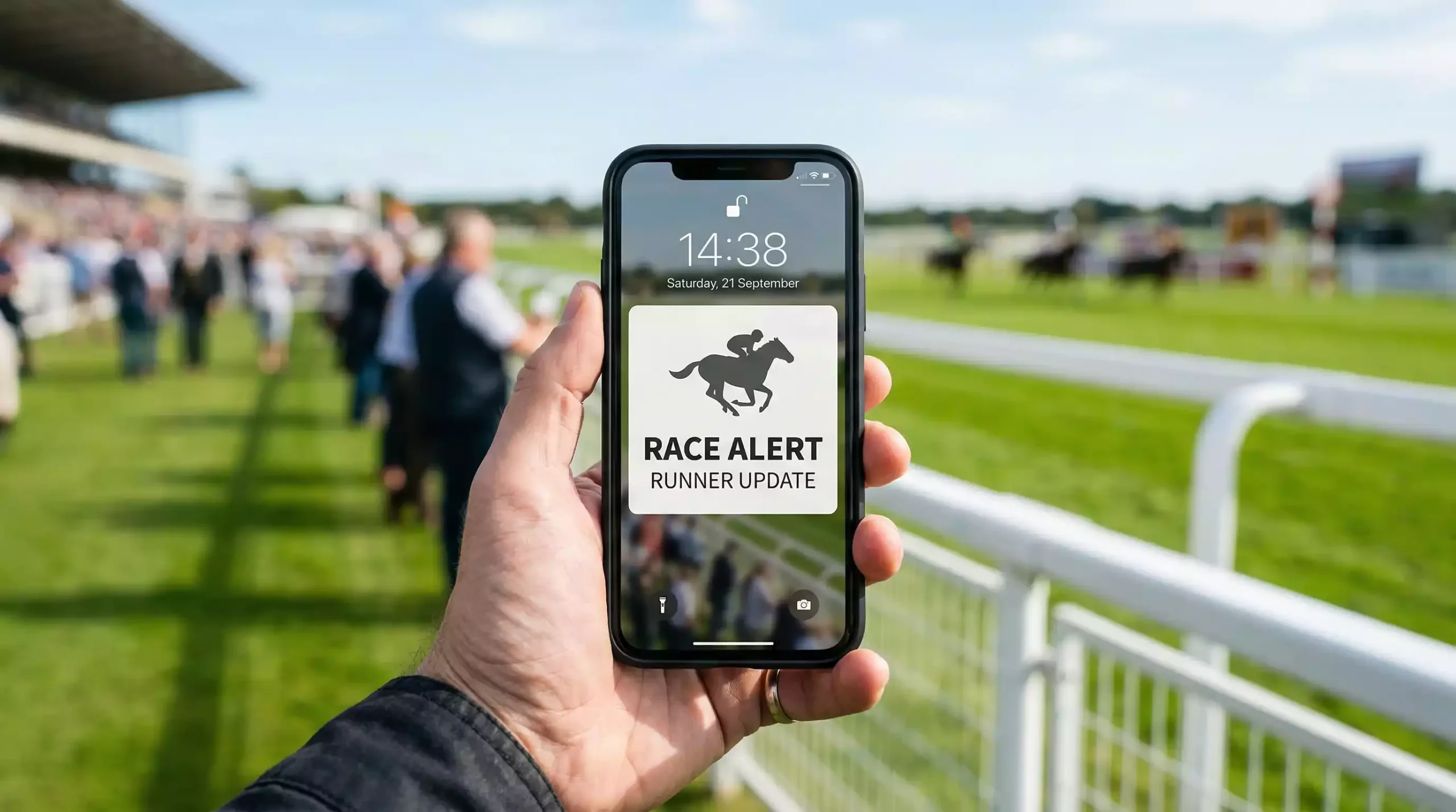 Phone screen showing a push notification alert for a non-runner at a UK racecourse