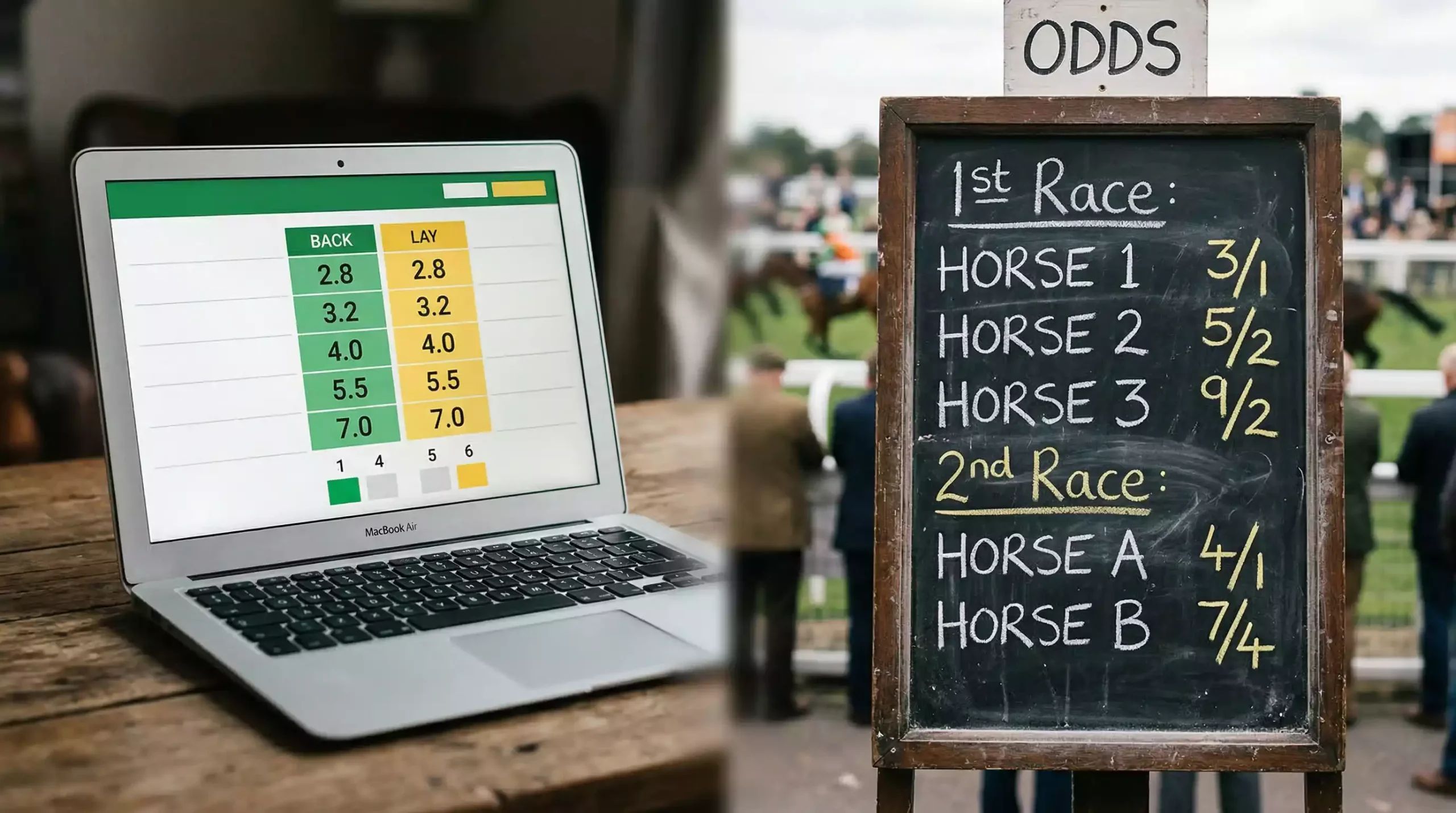 Split view of a Betfair Exchange screen and a traditional bookmaker board at a racecourse