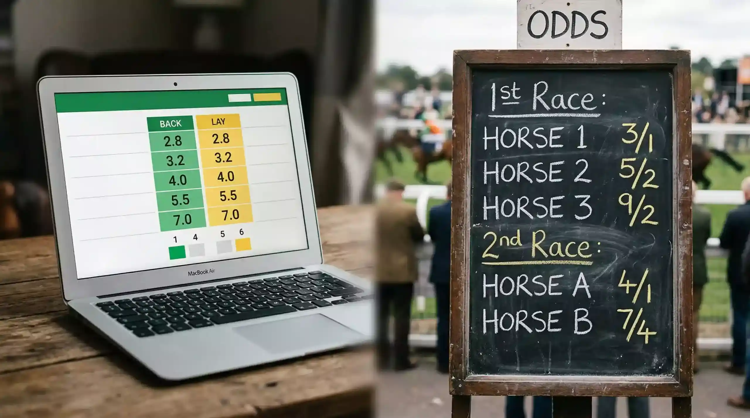 Split view of a Betfair Exchange screen and a traditional bookmaker board at a racecourse