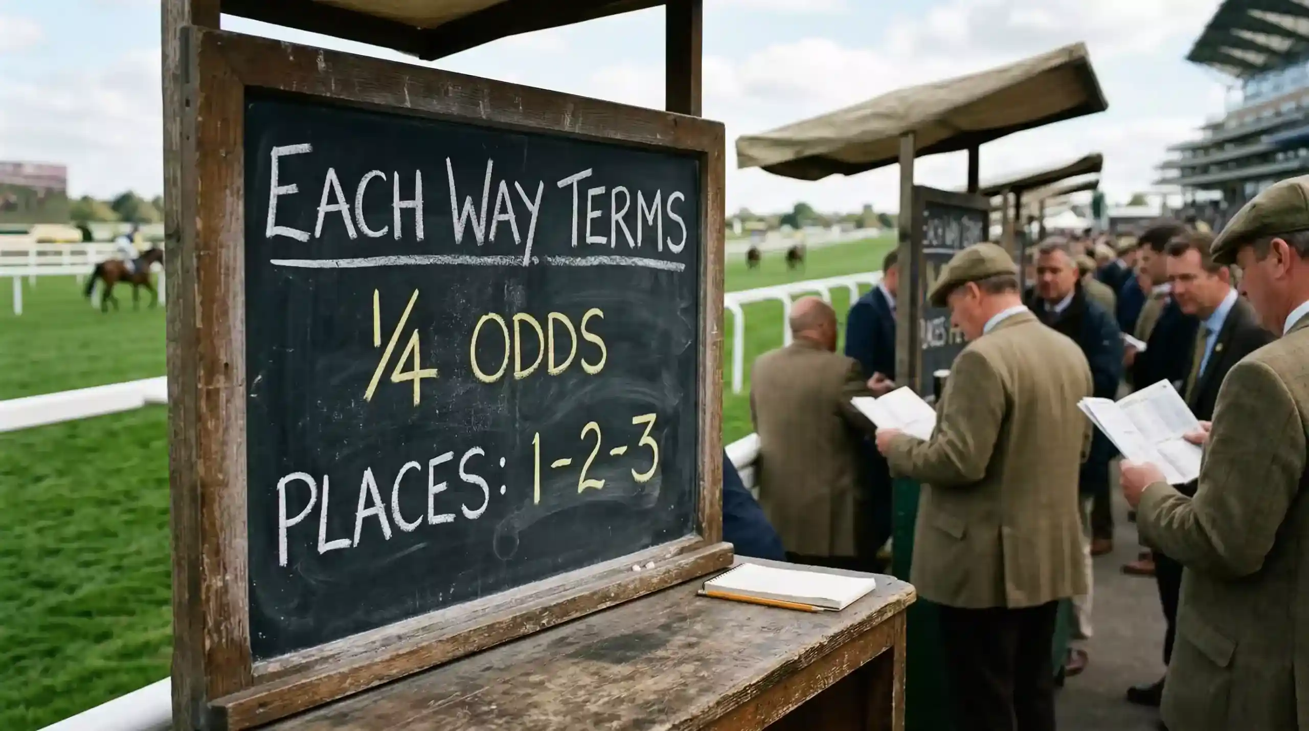 Bookmaker board showing each-way terms at a UK horse racing meeting