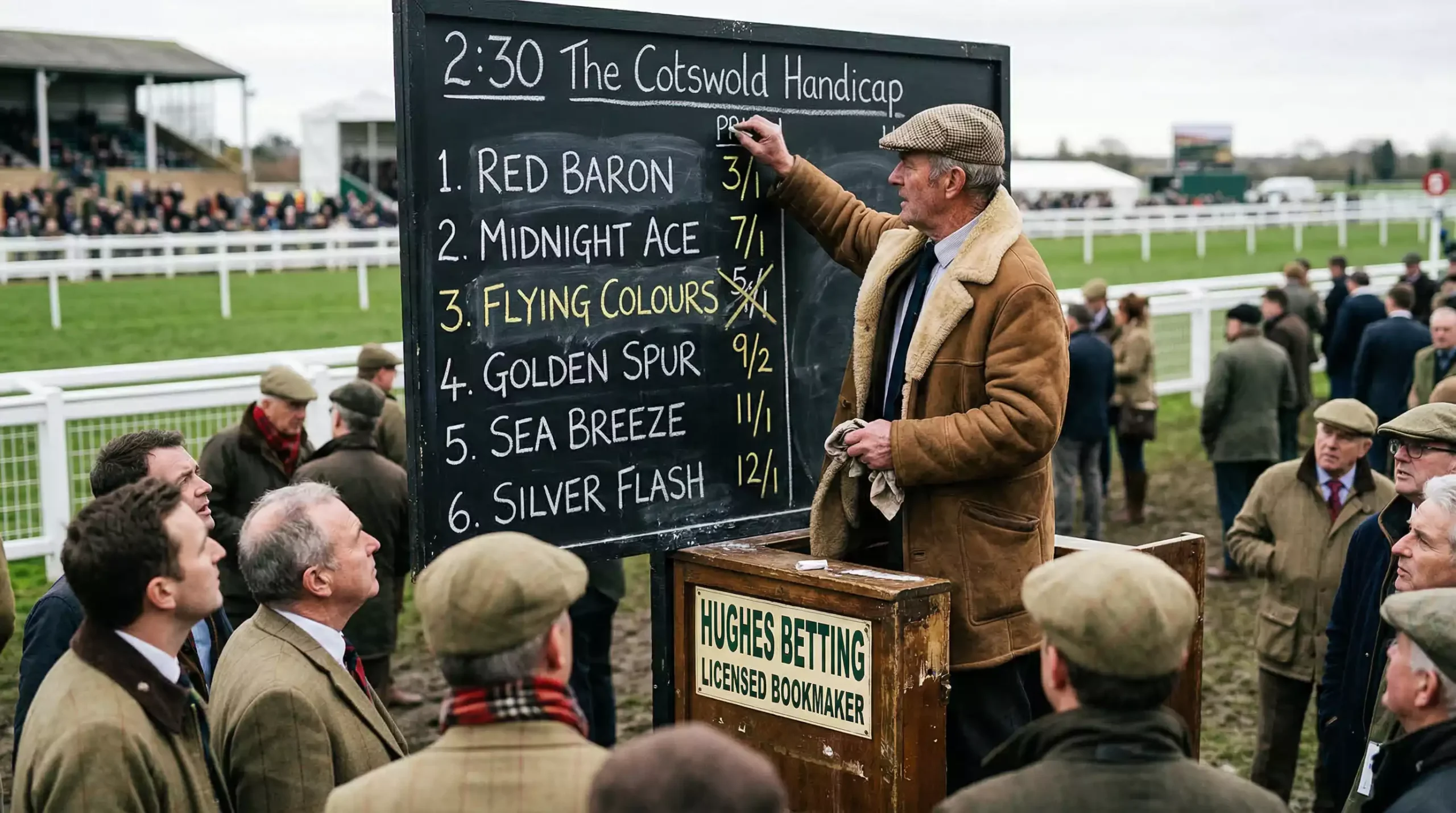 On-course bookmaker adjusting odds on a board after a non-runner at a UK racecourse