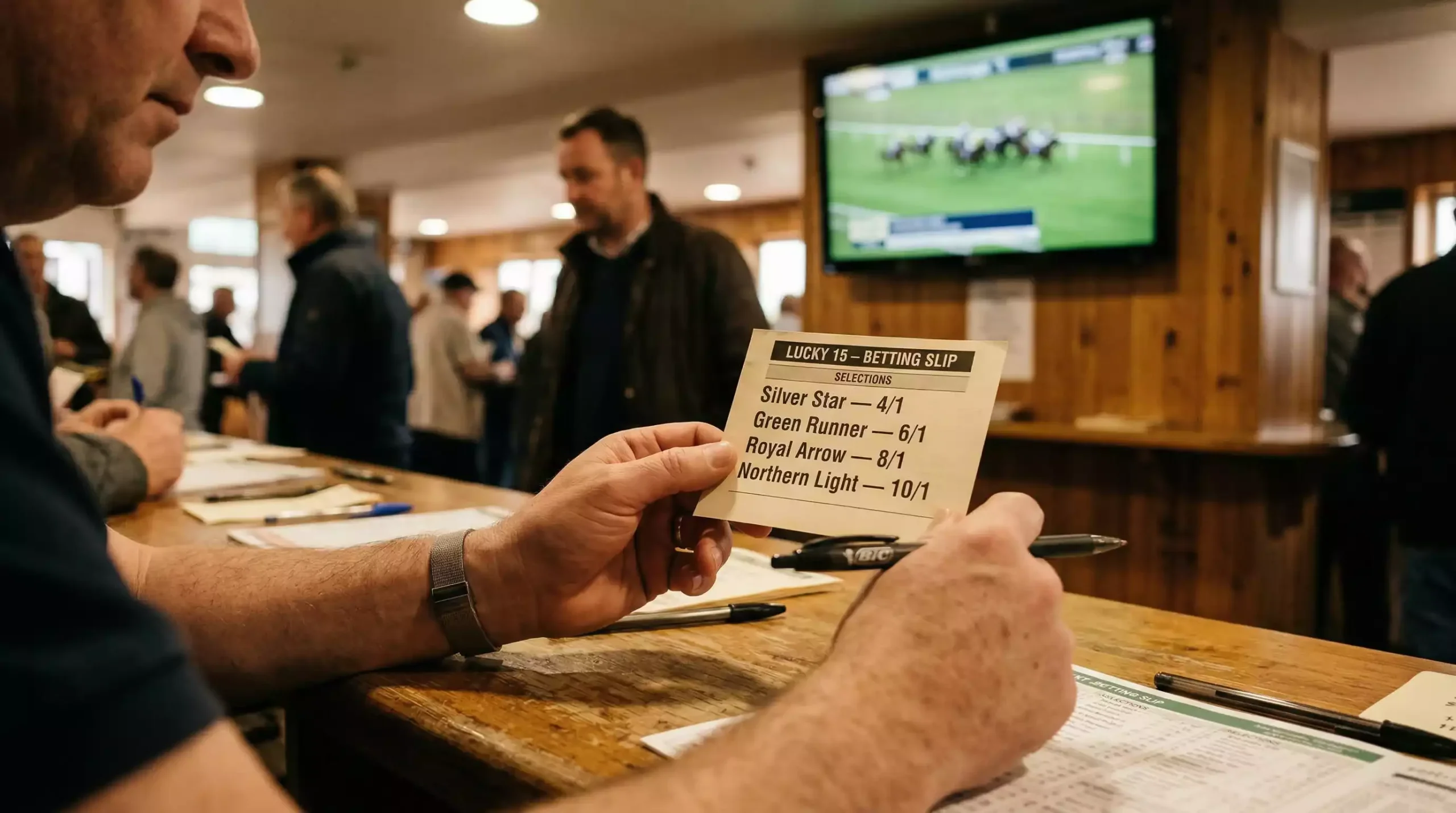 Punter holding a Lucky 15 betting slip at a UK racecourse with four races on the card