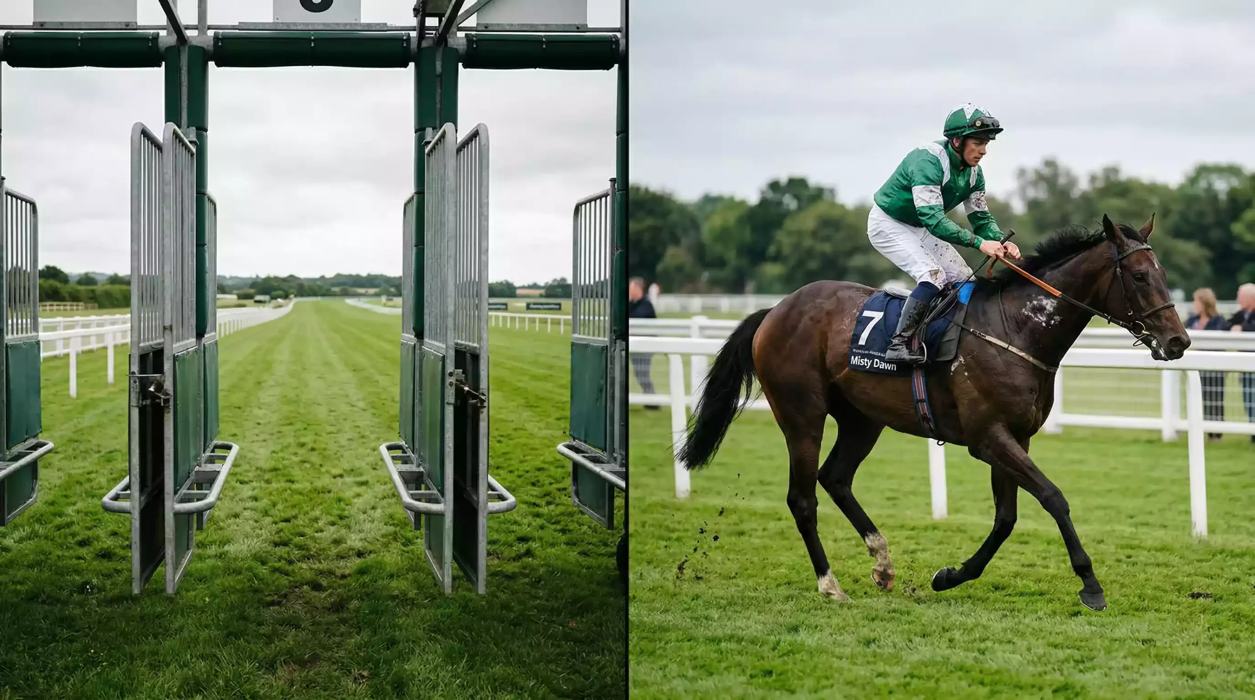 Empty stall next to a horse pulling up during a race at a British racecourse