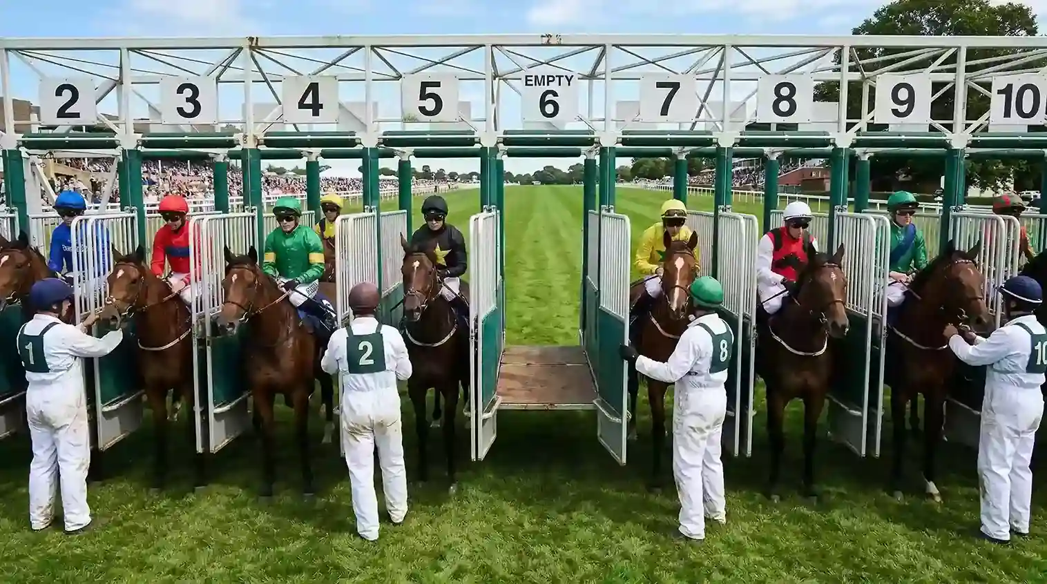 Empty starting stall with a gap in the line-up at a UK Flat racecourse