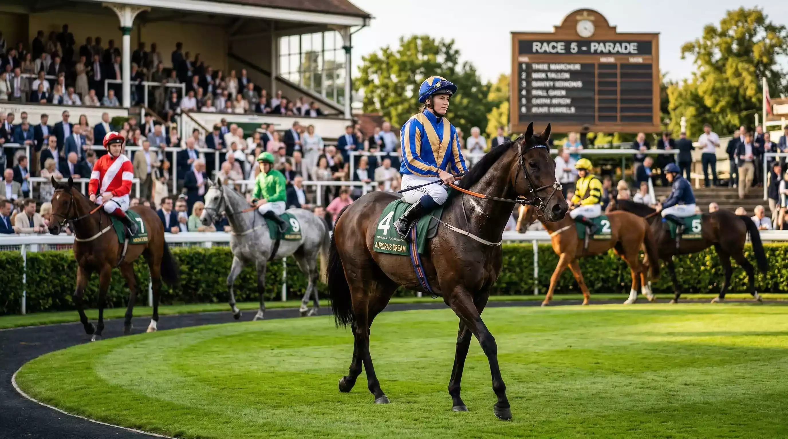 Non-runners today UK horse racing — racecourse paddock before the off with horses and jockeys preparing