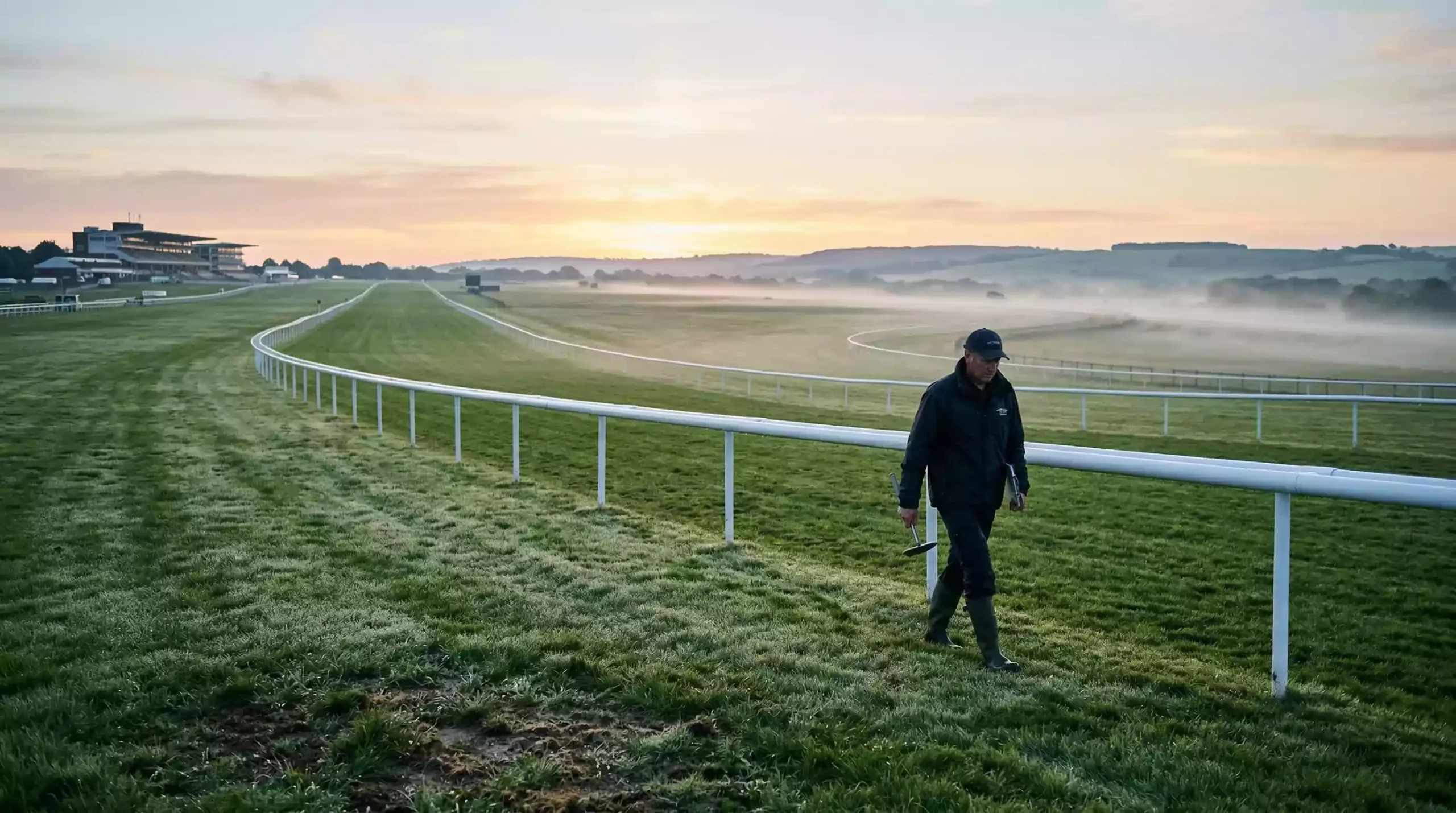 Early morning view of a UK racecourse with a trainer walking the course at dawn
