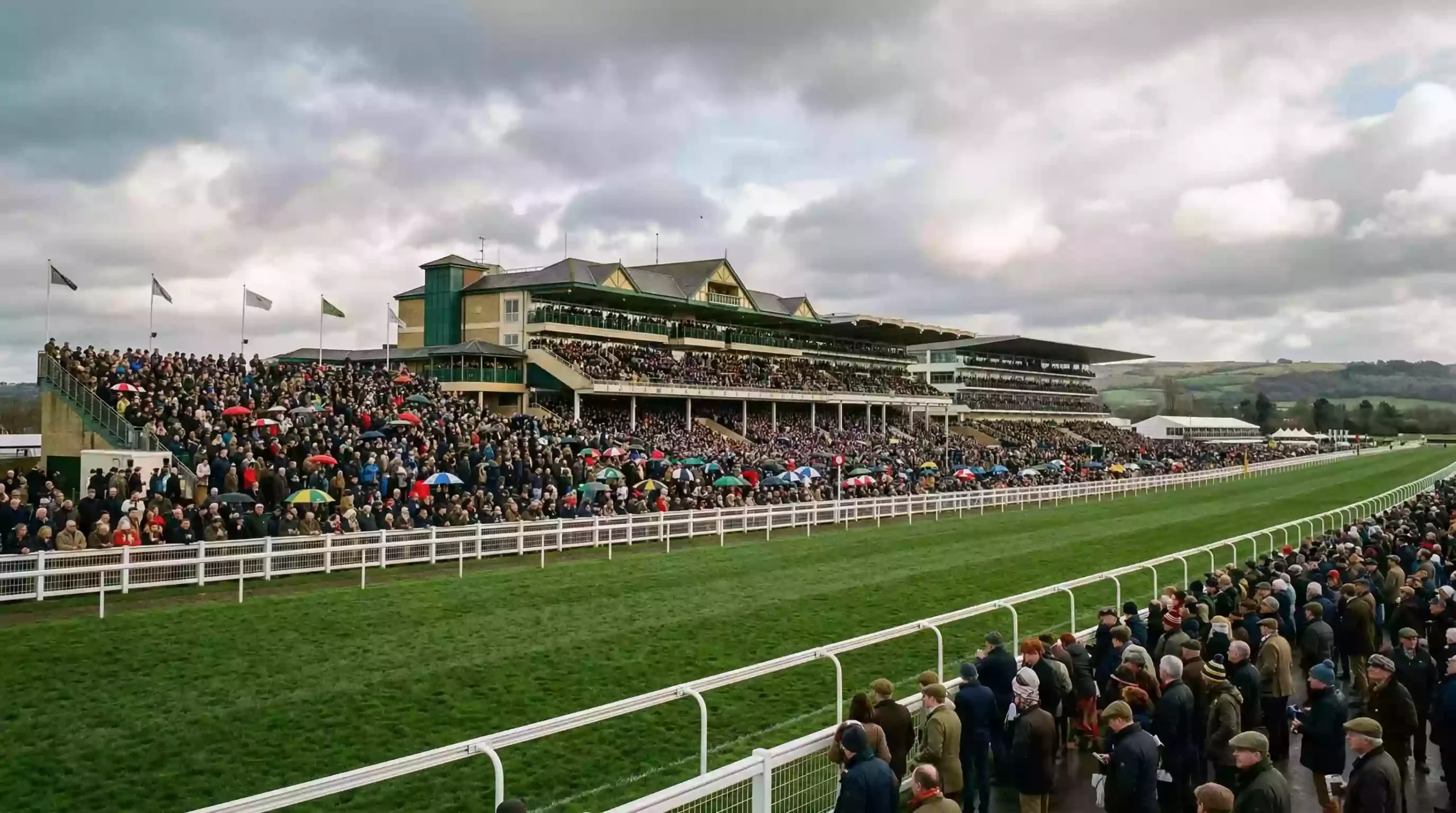 Cheltenham racecourse grandstand on festival day with crowds gathering