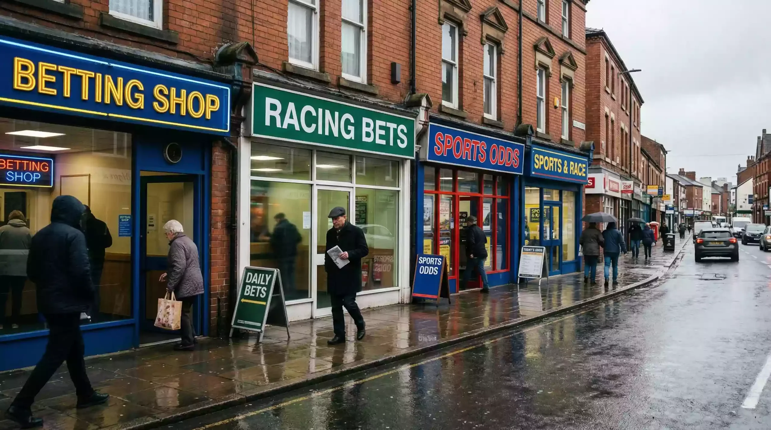 Row of high-street bookmaker shops on a British town street