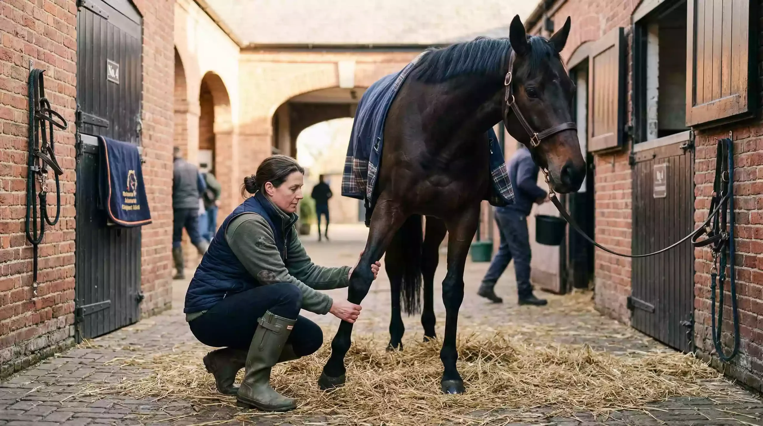 Trainer examining a horse in a stable yard before a race day decision