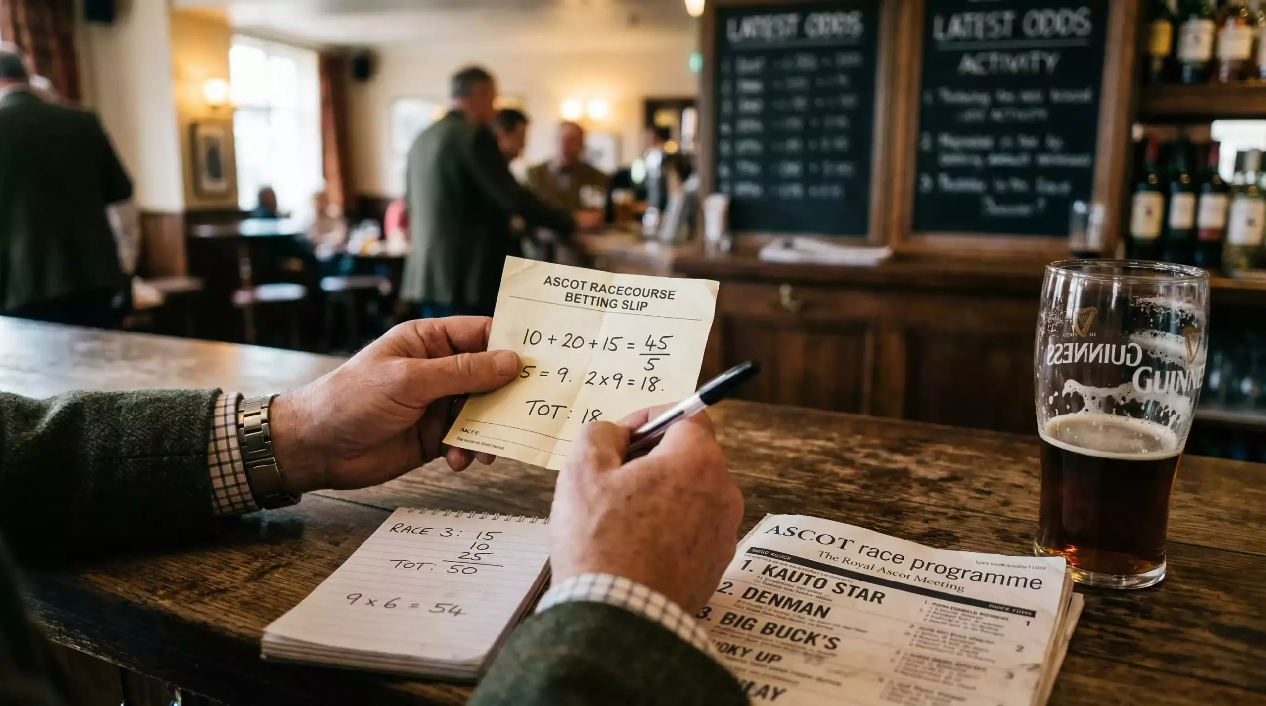 Punter working out adjusted winnings with a pen and betting slip at a racecourse