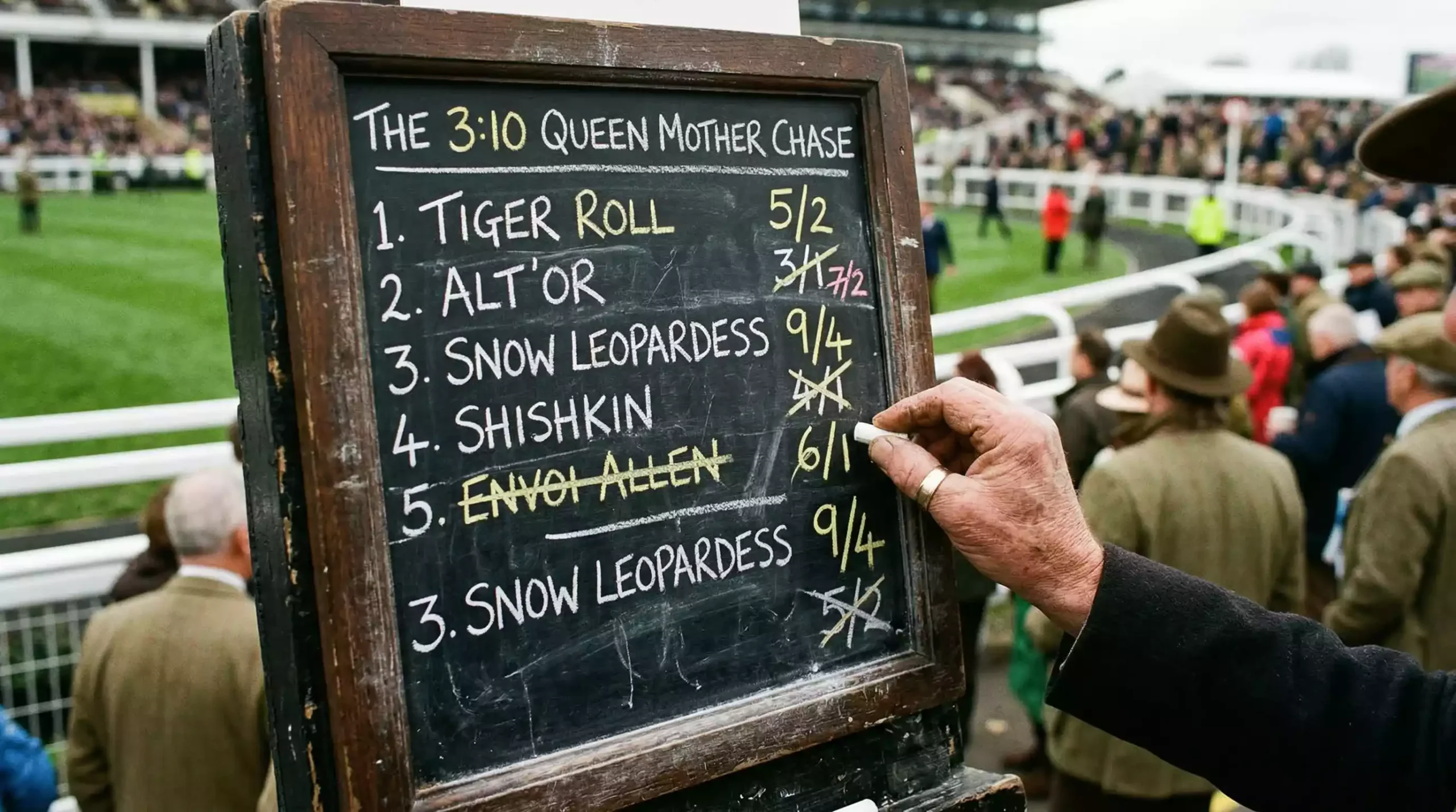 Close-up of a printed Rule 4 deduction scale on a bookmaker board at a racecourse