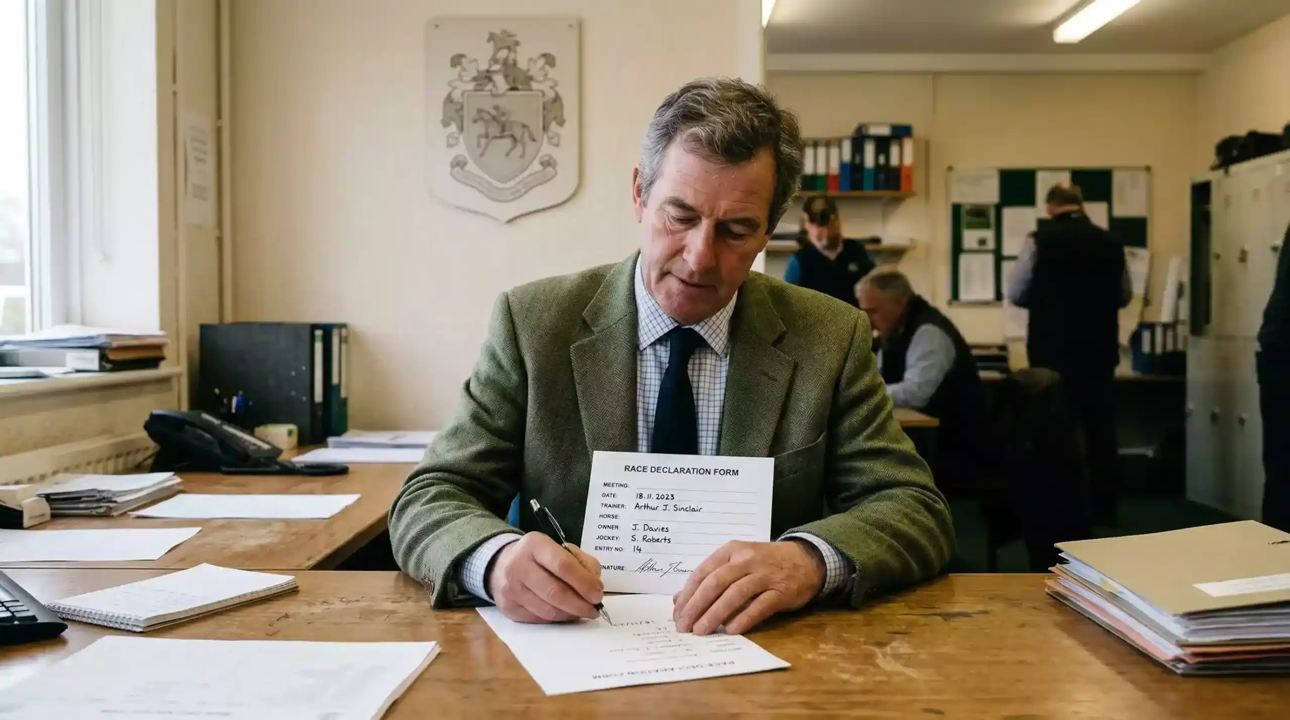 Trainer signing a declaration form in a racecourse office before race day