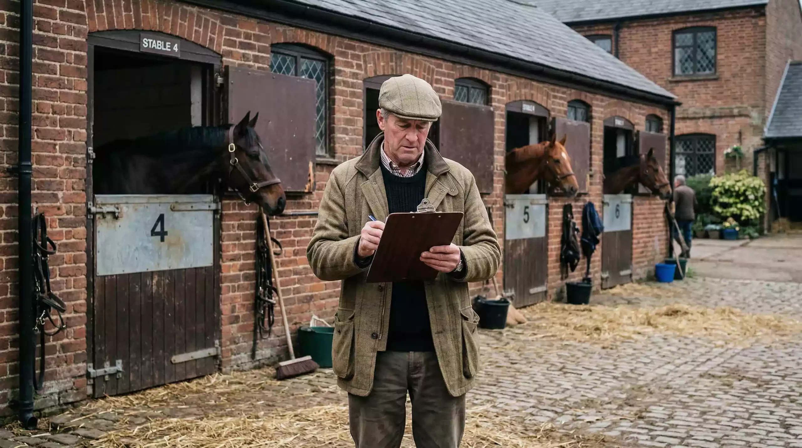 Trainer in a tweed jacket studying paperwork in a stable yard on a race morning