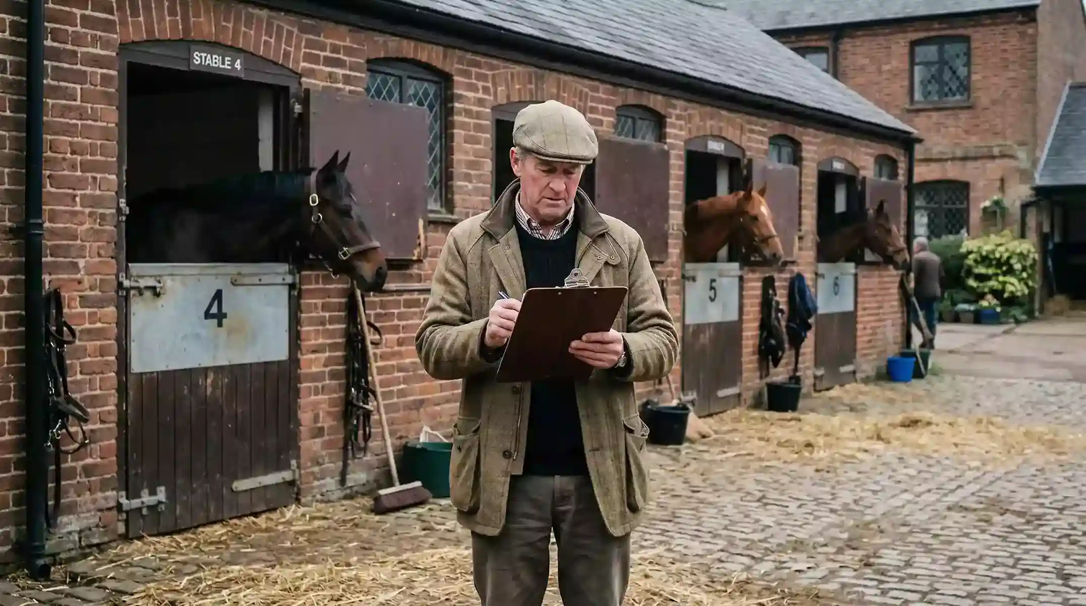 Trainer in a tweed jacket studying paperwork in a stable yard on a race morning