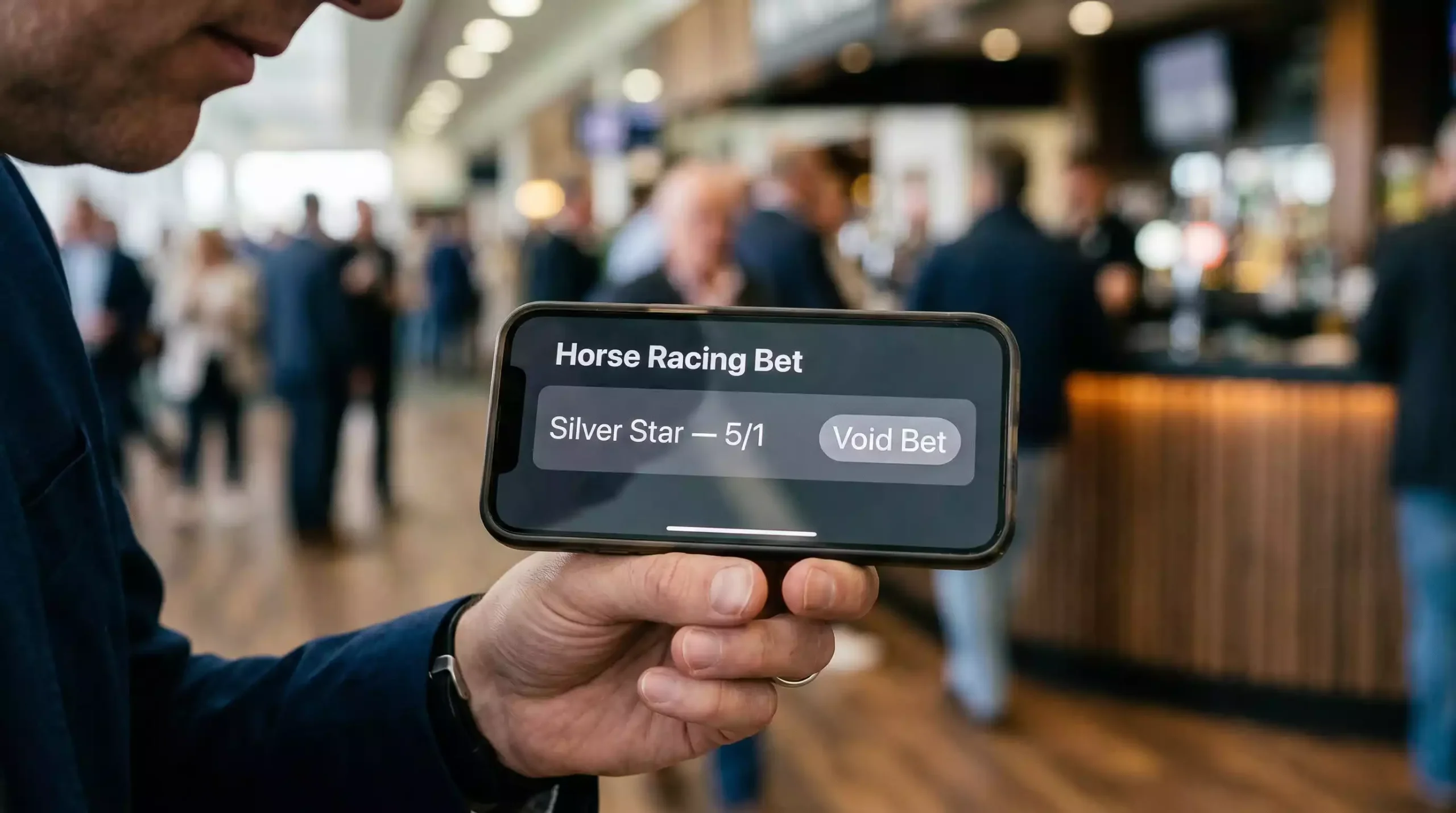 Betting app on a phone screen showing a voided bet status for a horse race