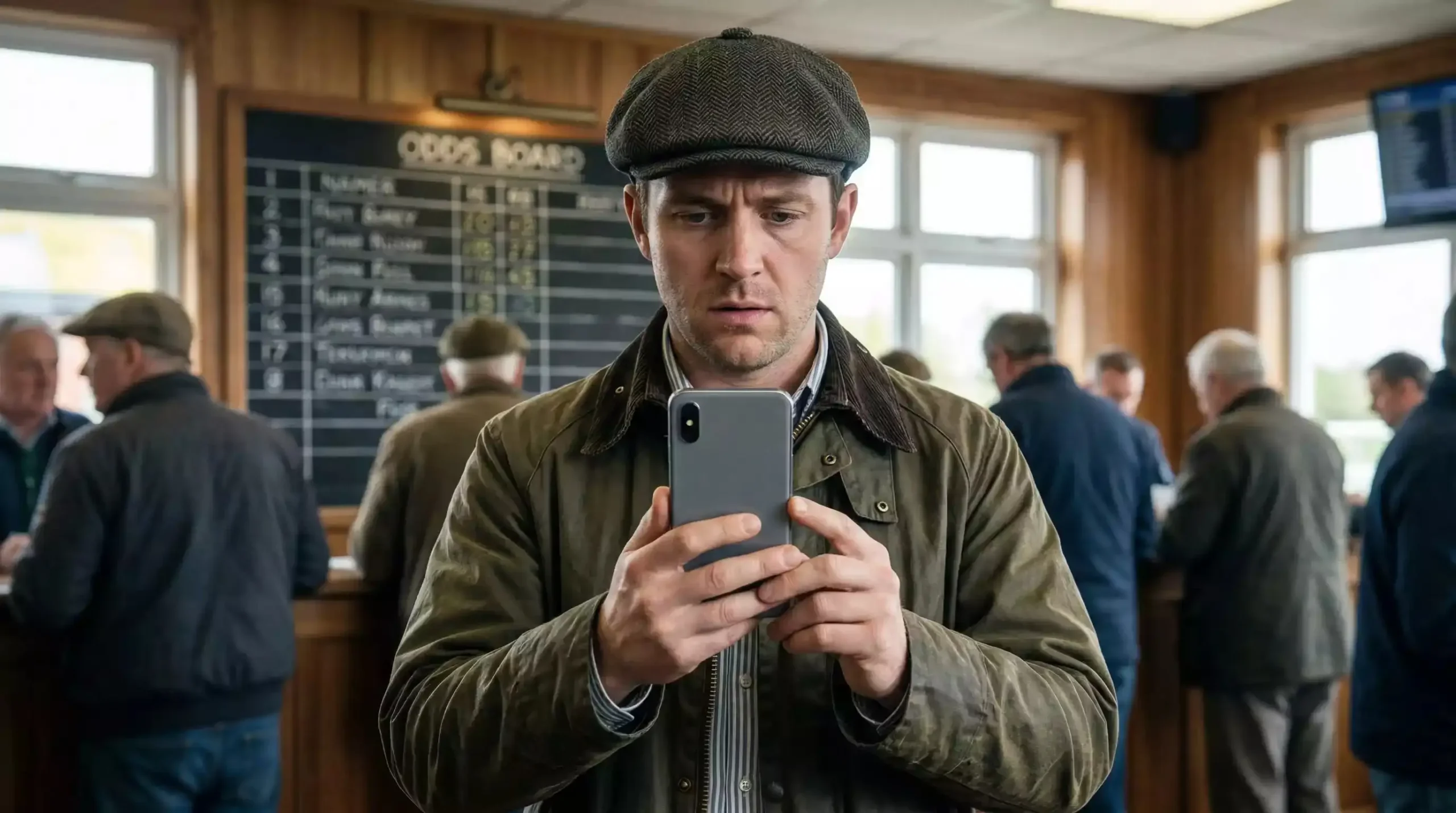 Punter checking a phone with a non-runner alert at a UK horse racing course